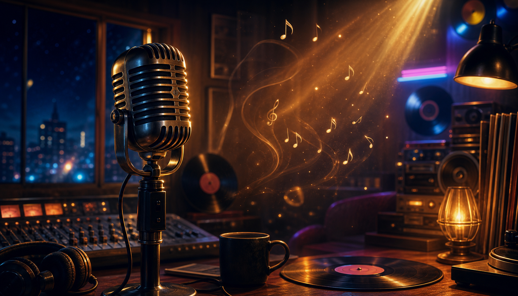 Ilustración de una radio nocturna con micrófono vintage y luz cálida